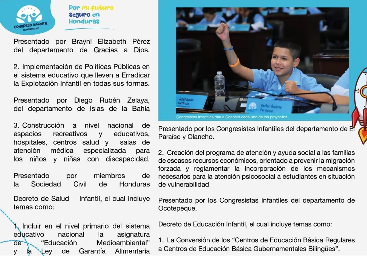 Educación Bilingüe, Seguridad Infantil, Educación Ambiental entre Decretos aprobados por congresistas Infantiles 